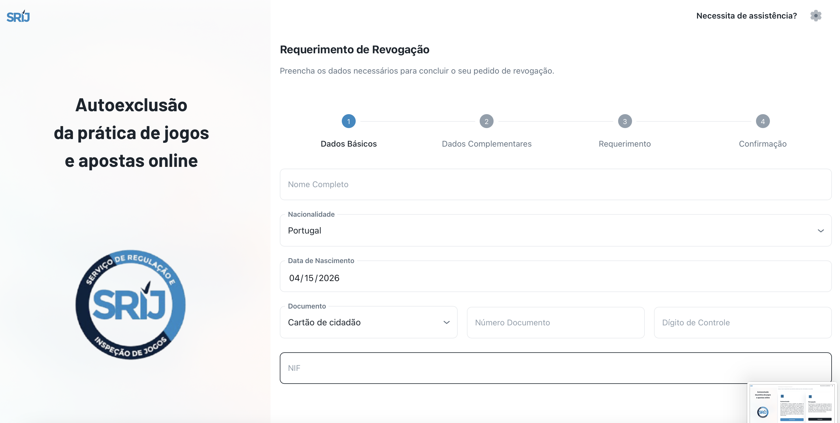 Screenshot: formulario de revogacao SRIJ — Dados Basicos